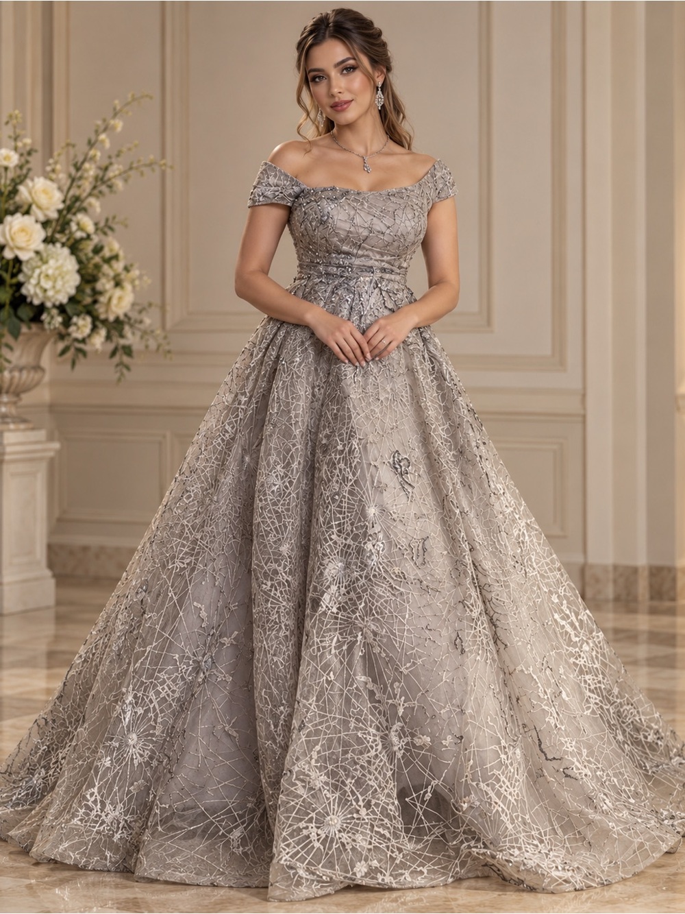 Stunning Silver Grey Embroidered Off-Shoulder Ball Gown | Size XL